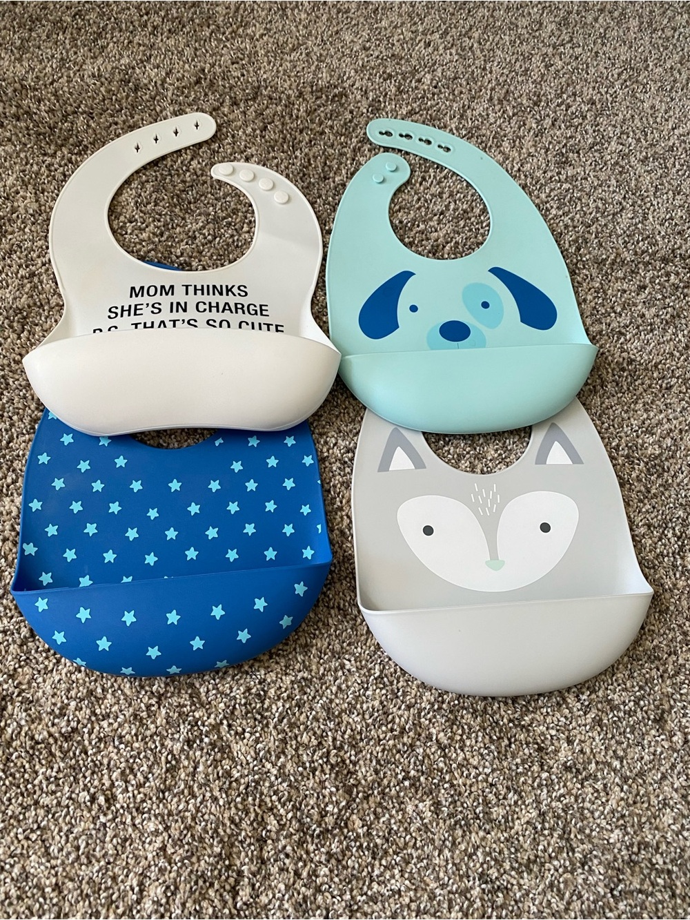 Silicone Baby Bib Set - Blue, Light Blue, Gray, White
